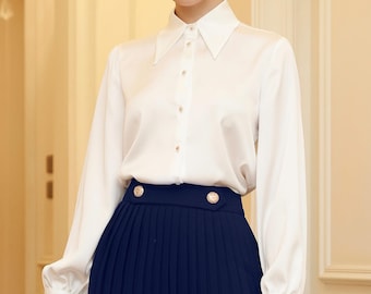 Comfy Office Silk Shirt for Women - White Blouse - Elegant Loose Collared Top