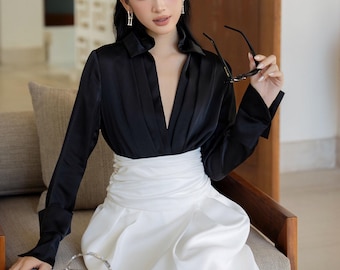 Elegant Silk Wrap Blouse - Modern Wing Collar Long Sleeve Shirt - Sophisticated Office Silk Top - Luxury Black/White Casual Blouse