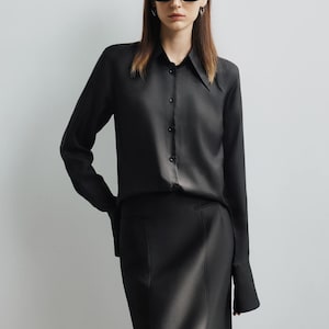 Long Bishop Sleeves Silk Blouse with Collared and Buttons Up - Loose Office Silk Shirt - Comfy Silk Blouse