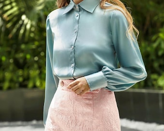 Klassieke zijden blouse voor dames – shirt met lange mouwen en kraag – elegante geklede top voor kantoor, avond of speciale gelegenheden – formeel zijden shirt