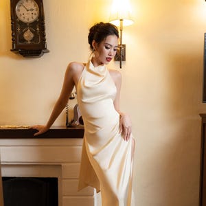 Draped Waist Maxi Dress, Cowl Neck Silk Maxi Length Slip Dress, Open Back Bridesmaid Gown