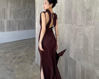 Side Slit Linen Maxi Dress with High Neck and Architectural Cutout Back, Pleated Bust Designer Gown, Quiet Luxury Open Back Summer Dress