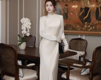 White Silk Backless Evening Gown, Long Sleeve High Neck Maxi Dress, Elegant Cowl Back Bridal Gown, Minimalist Wedding Dress