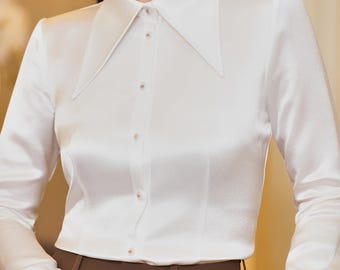 Big Pointed Collar White Silk Shirt, French Cuff Satin Blouse, Modern 70s Vintage Tailored Top, Elegant Parisian Chic Office Blouse
