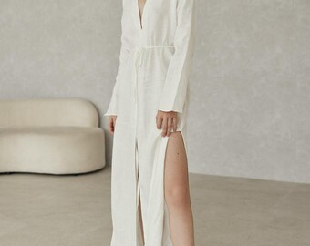Minimalist Linen Dress, Long Sleeve Maxi Kimono Gown, Self Tie Waist Summer Dress, Ethically Made Linen Loungewear, Elegant V Neck Sun Dress