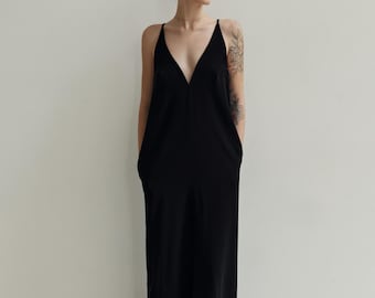 Deep V Neck Black Maxi Slip Dress, Sexy Backless Long Silk Gown, Minimalist Sleeveless Summer Dress, Elegant Evening Party Dress for Women