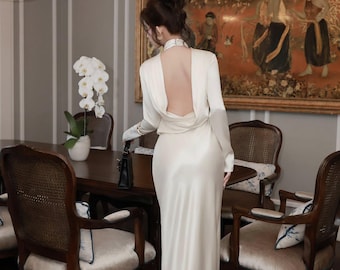 Women's Elegant Mock Neck Long Sleeve Silk Dress - Sexy Backless Cowl Back Formal Party Gown - Silk Floor Length Wedding Reception Dress