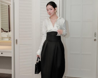 Women’s High Waist Ruched Silk Maxi Skirt - Elegant Floor Length Skirt with Inverted Pleats - Formal Evening Column Skirt