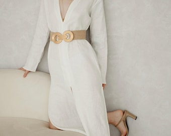 Linen Kaftan Maxi Dress, Deep V Neck Long Sleeve Gown, Summer Resort Wear for Women, Minimalist Linen Tunic with High Slit, Beach Cover Up