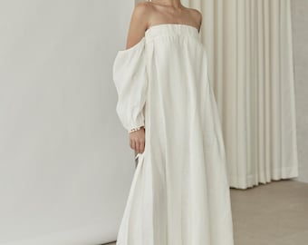 Off the Shoulder Linen Dress, Romantic Puff Sleeve Maxi Gown, Boho Summer Beach Dress, Oversized Strapless Long Dress, Bridal Shower Outfit