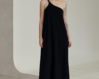 One Shoulder Black Maxi Dress, Asymmetrical Silk Long Gown, Minimalist Sleeveless Summer Party Dress, Elegant Evening Slip Dress for Women