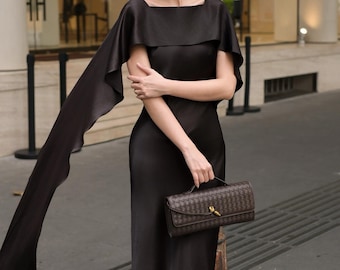 Wedding Guest Dress, Elegant Maxi Dress, Luxe Bridal Dress, Silk Evening Dress, Wedding Dress with scarf - Gift for Women