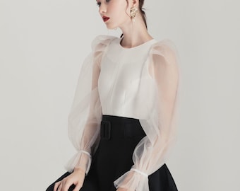 Crew Neckline Blouse with Sheer Long Sleeves - Vintage White Top for Women