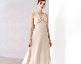 High waist silk dress , Silk halter dress, Tie neck Midi dress, Summer dress, Open back silk dress, Halter dress