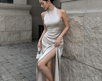 High split silk dress/simple wedding guest dress/halter neckline floor length/ women silk dress/party dress/bridesmaid silk dress
