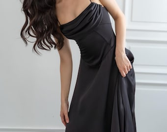 Black Silk Dress • Silk Maxi Dress • Evening Guest Dress • A line Sleeveless Tie Back Dress • Square Neck Maxi Dress • Bridesmaid Dress