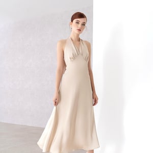 High waist silk dress , Silk halter dress, Tie neck Midi dress, Summer dress, Open back silk dress, Halter dress
