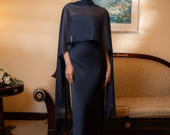 Dark Navy Silk Strapless Maxi Dress, Backless Tube Evening Gown with Sheer Cape Scarf, Formal Navy Wedding Guest Dress