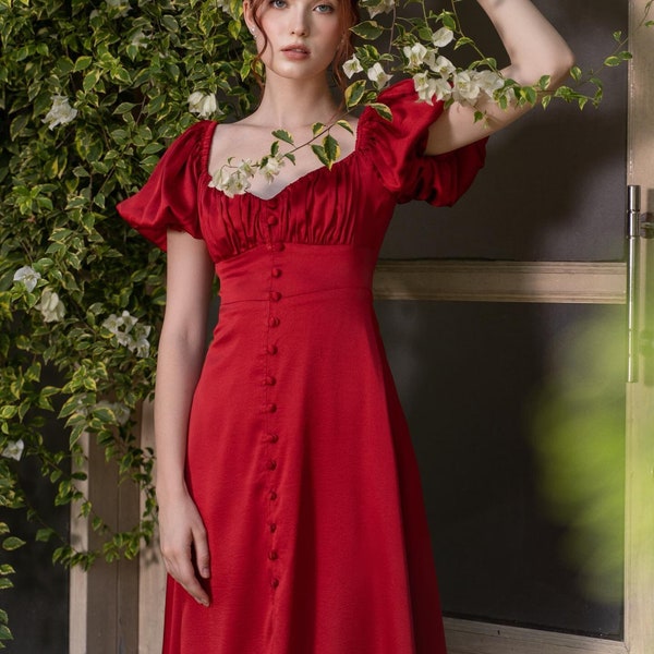 Robe midi en soie à manches cape, Robe boutonnée pour femme, Robe plissée en soie rouge