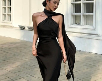 Backless Silk dress with halter neck, open-back silk maxi dress with tie neck, Wedding guest maxi dress, Black long evening dress