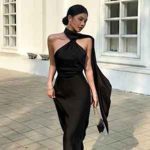 Backless Silk dress with halter neck, open-back silk maxi dress with tie neck, Wedding guest maxi dress, Black long evening dress