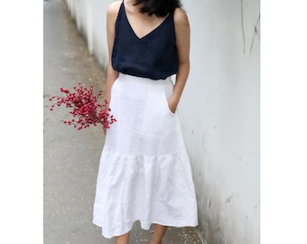 White Linen MIDI Frill Tiered Skirt with Back Elastic Waist and Side Pockets - Linen Set