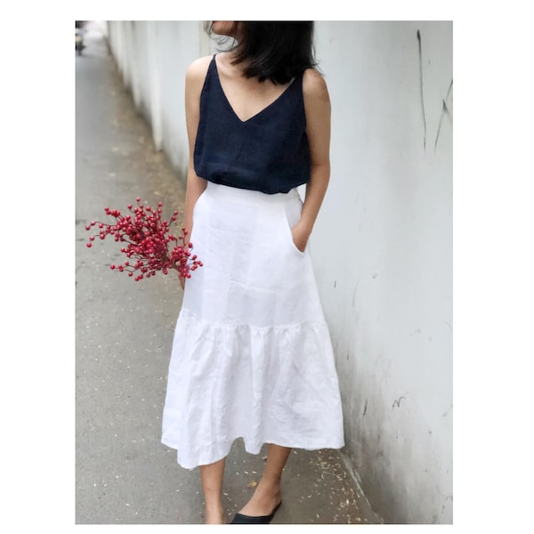 White Linen MIDI Frill Tiered Skirt with Back Elastic Waist and Side Pockets - Linen Set