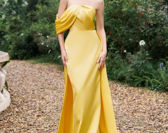Yellow Silk Evening Gown with Detachable Overskirt Train, One Shoulder Draped Prom Dress, Asymmetric Gala Dress, Formal Wedding Guest Dress