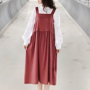 Loose Linen Pinafore Dress in Red / Ruched Waistline Linen Pinafore Dress in Maxi Length / Linen Maternity Dress / Available in 50 colors