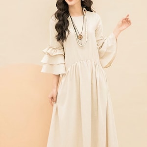 Mid Calf Length Loose Linen Dress | Ruched Dress with Ruffle Sleeve