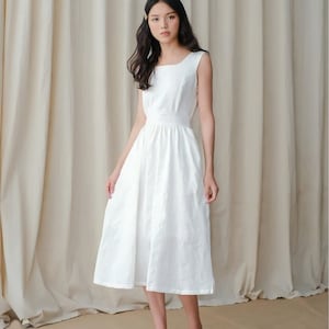 Square Neckline Linen Dress / Tie Back A-line Linen Dress / Short Sleeves Loose Summer Dress / Available in 50 Colors