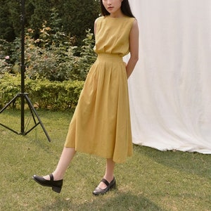 Pleated Linen Dress with Boat Neckline / Sleeveless Loose Linen Dress with Tie / Self Tie Bowknot / Available in 50 Colors