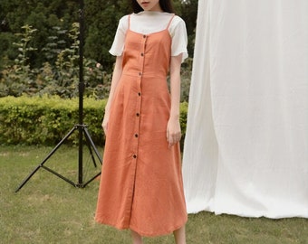 Spaghetti Straps Linen Dress / Loose Linen Dress with Front Buttons / Smock Linen Dress / Available in 50 Colors