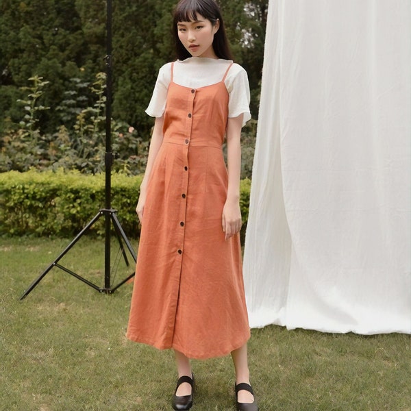 Spaghetti Straps Linen Dress / Loose Linen Dress with Front Buttons / Smock Linen Dress / Available in 50 Colors