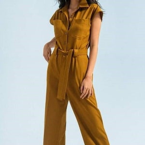 Linen Jumpsuit - Summer Linen Jumpsuit with Detachable Tie - Short Sleeves Jumpsuit