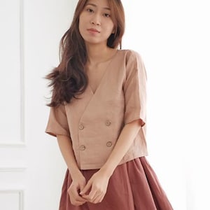 Basic Double Breasted Linen Shirt in Brown - Straight Sleeve Linen Shirt for Women - V Neckline Button Blouse