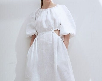 Cut Out Linen Dress - Puff Sleeves Midi Linen Dress - Bishop Sleeves Linen White Dress - A line Women Dress