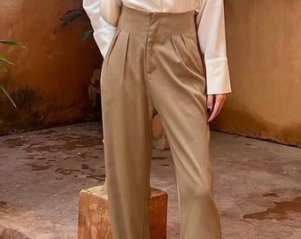 Pleated High Waist Silk Pants - Wide Leg Silk Trousers - Loose Silk Trousers with Pockets