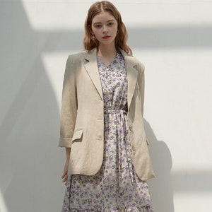 Women Linen Blazer with Long Sleeves With Flap Buttons - Linen Jacket
