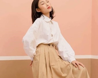 Linnen blouse met lange mouwen en pofmouwen - verkrijgbaar in 50 kleuren