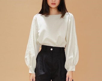 Loose Linen Top with Long Bishop Sleeves / Boat Neckline Linen Blouse / Available in 50 Colors