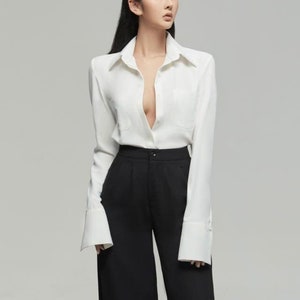 Collared Button Down Shirt- Silk Blouse with Long Sleeves - Collared Shirt for Women - Office Silk Shirt - Bishop Long Sleeve Shirt