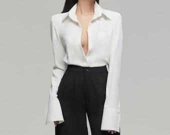 White Silk Button Down Shirt, Silk Blouse with Bell Cuffs, Elegant Office Workwear Top, Vintage Point Collar Shirt, Wide Cuff Button Up Top
