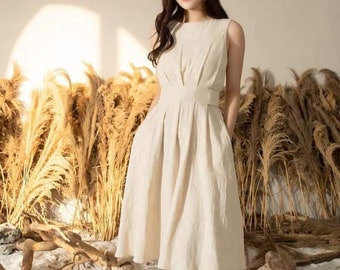 Sleeveless Linen Dress - Beige A line Linen Dress - Pleated Midi Linen Women Dress