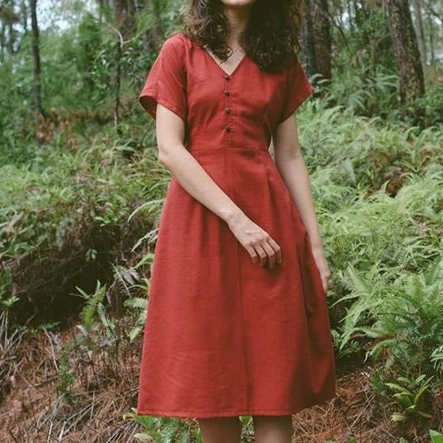 Short Sleeves Front Button A-line Linen Dress Available in - Etsy