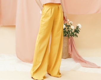Linen Culottes in MAXI length / Wide Leg Maxi Pants / Linen Culottes with Front Pleats and Elastic Back / Linen Wide Palazzo Pants