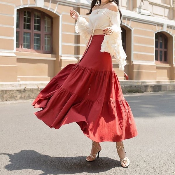 Women Linen MIDI / MAXI Skirt with Elastic Waist and Button Up - Linen Tiered Maxi Skirt - Full Circle Skirt