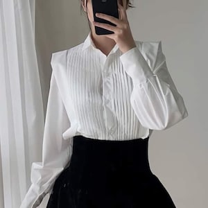 Pleated Cotton Blouse - Cotton Poplin Blouse  Women - White Cotton Top with Long Bishop Sleeves and Button Up
