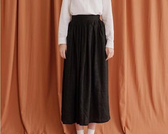 Linen Midi Skirt in Black with Elastic Waistband / Available in 50 Colors