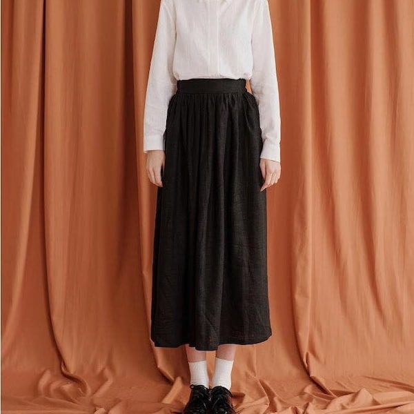 Linen Midi Skirt in Black with Elastic Waistband / Available in 50 Colors